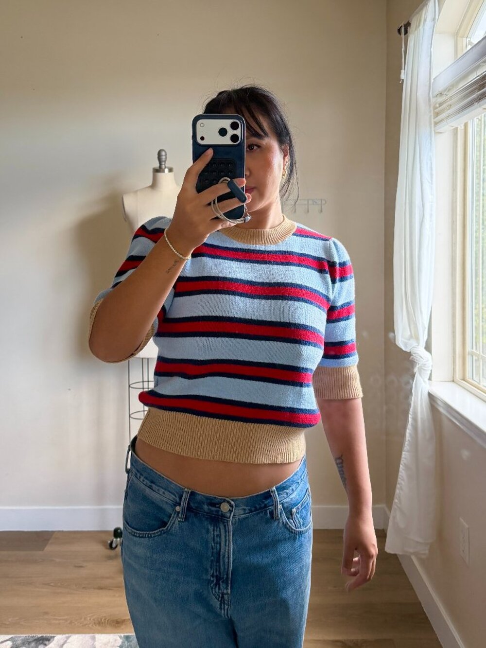 THML Striped Knit Sweater | Colorblock Crew Neck | Medium | Blue Red Navy Tan